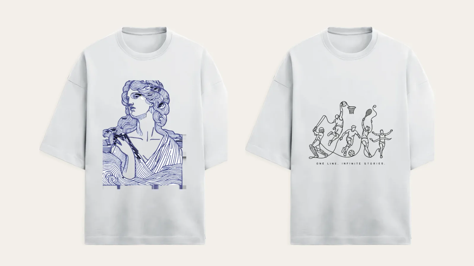 Two white oversized tees, one with a blue engraved-style classical portrait and one with a single-line drawing of athletes